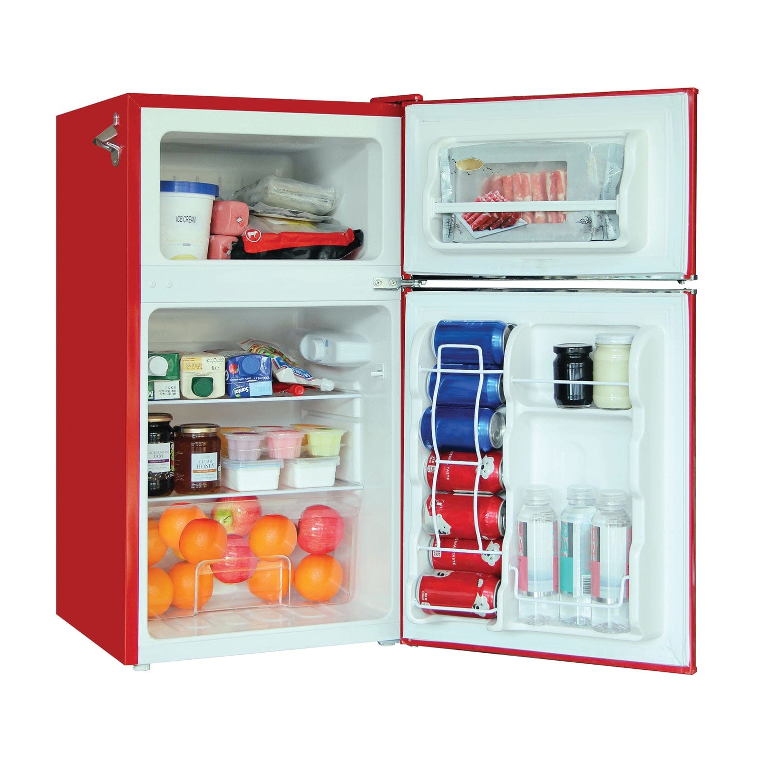 Frigidaire 3.2-Cu Ft. 2-Door Retro Compact Bar Fridge with Freezer and Side Bottle Opener, EFR840, Red