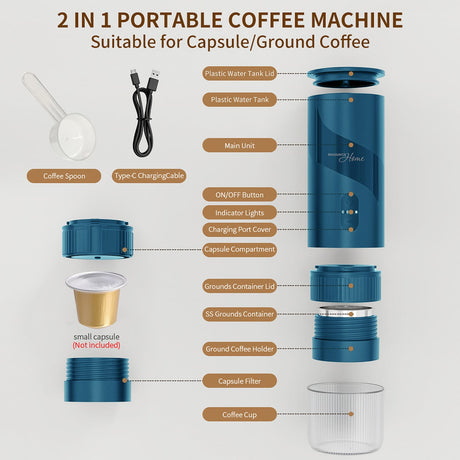 Magnavox Home 2-in-1 Portable Espresso and Ground Coffee Maker, USB Rechargeable, Azure