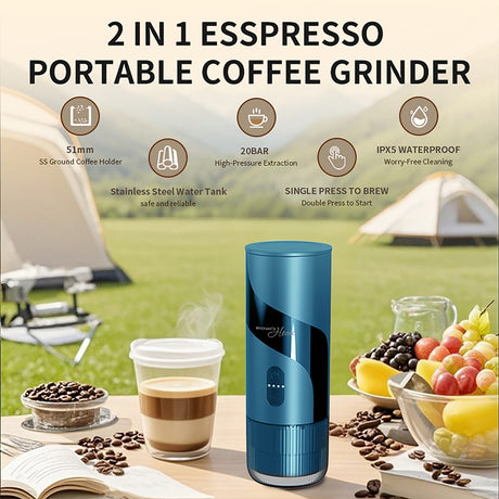 Magnavox Home 2-in-1 Portable Espresso and Ground Coffee Maker, USB Rechargeable, Azure