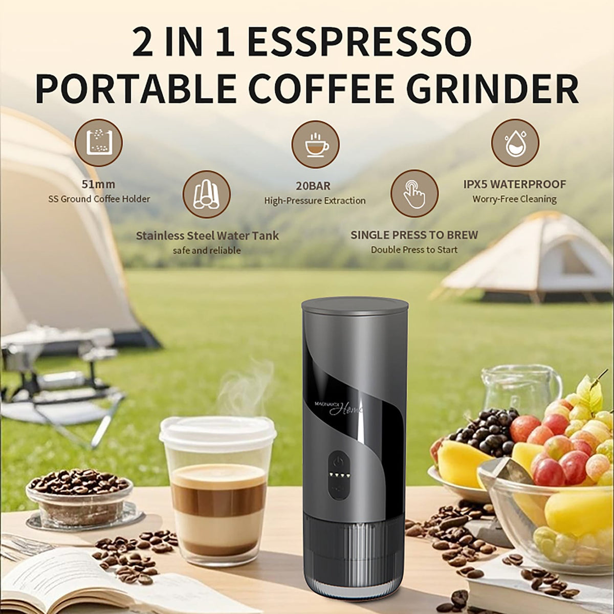 Magnavox Home 2-in-1 Portable Espresso and Ground Coffee Maker, USB Rechargeable, Black
