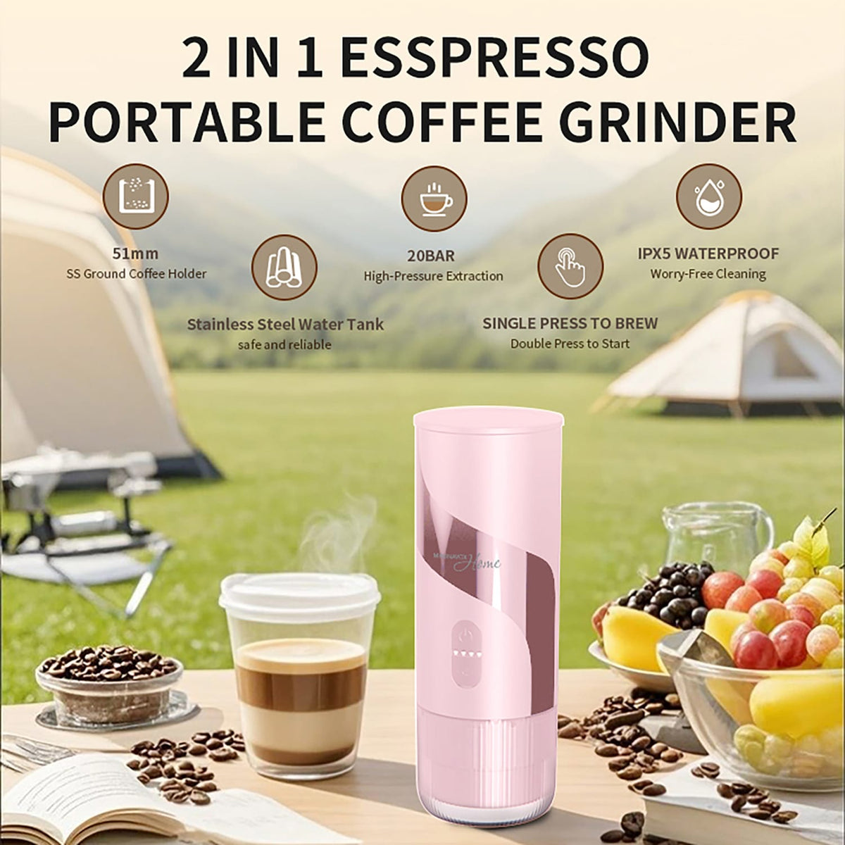 Magnavox Home 2-in-1 Portable Espresso and Ground Coffee Maker, USB Rechargeable, Pink