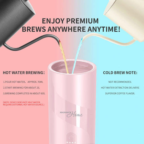 Magnavox Home 2-in-1 Portable Espresso and Ground Coffee Maker, USB Rechargeable, Pink
