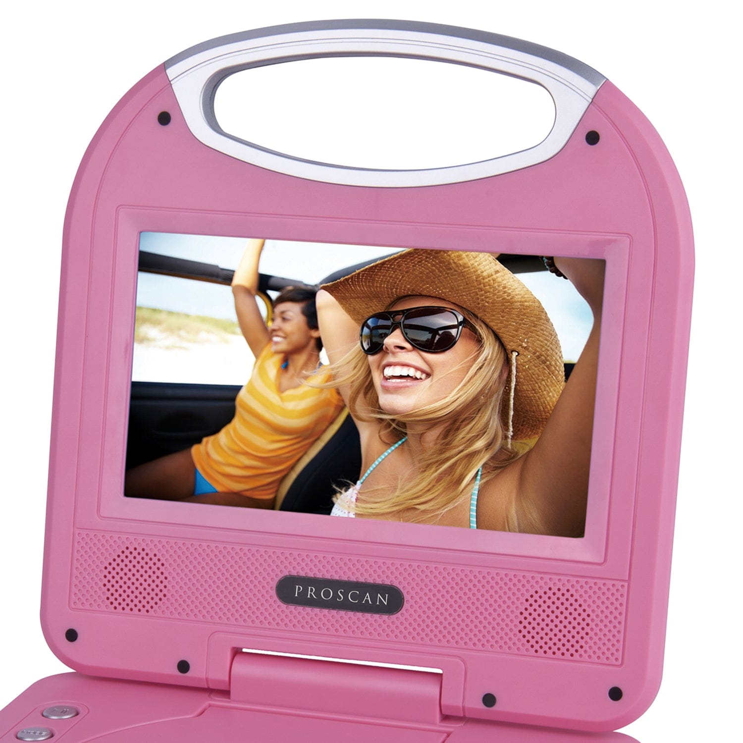 Proscan 480p Portable DVD Player with 7-In. Tilting Widescreen, Built-in Speakers, 2.5-Hour Rechargeable Battery, Handle, Earbuds, and Remote