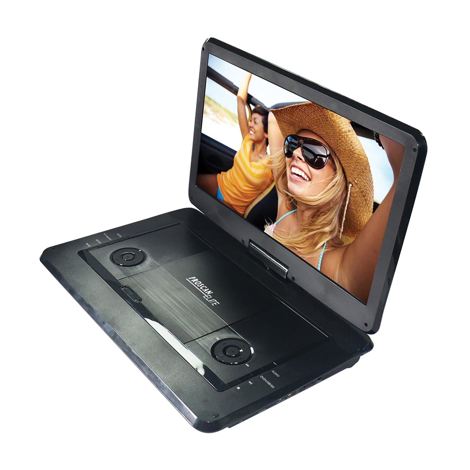Proscan Elite 480p Portable DVD Player with 15.6-In. Swivel Widescreen, Built-in Speakers, 2.5-Hour Rechargeable Battery, Earbuds, and Remote