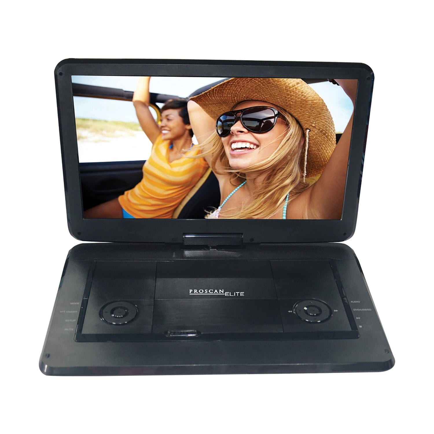 Proscan Elite 480p Portable DVD Player with 15.6-In. Swivel Widescreen, Built-in Speakers, 2.5-Hour Rechargeable Battery, Earbuds, and Remote