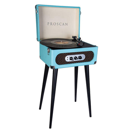 Proscan 6-Watt 3-Speed Belt-Drive Manual Retro Suitcase-Style Turntable with Built-in Speakers, Bluetooth, FM Radio, Aux, 45-RPM Adapter, and Stand