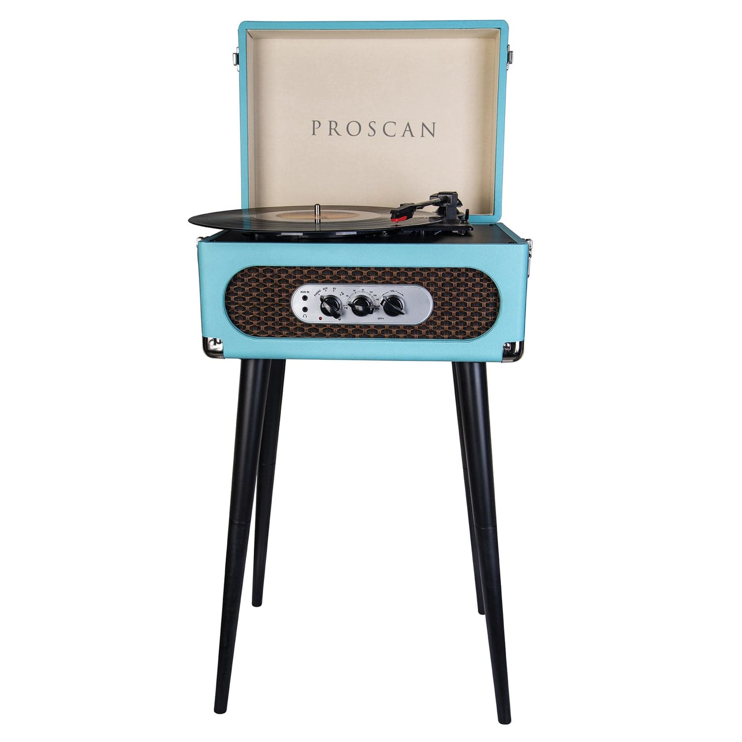 Proscan 6-Watt 3-Speed Belt-Drive Manual Retro Suitcase-Style Turntable with Built-in Speakers, Bluetooth, FM Radio, Aux, 45-RPM Adapter, and Stand