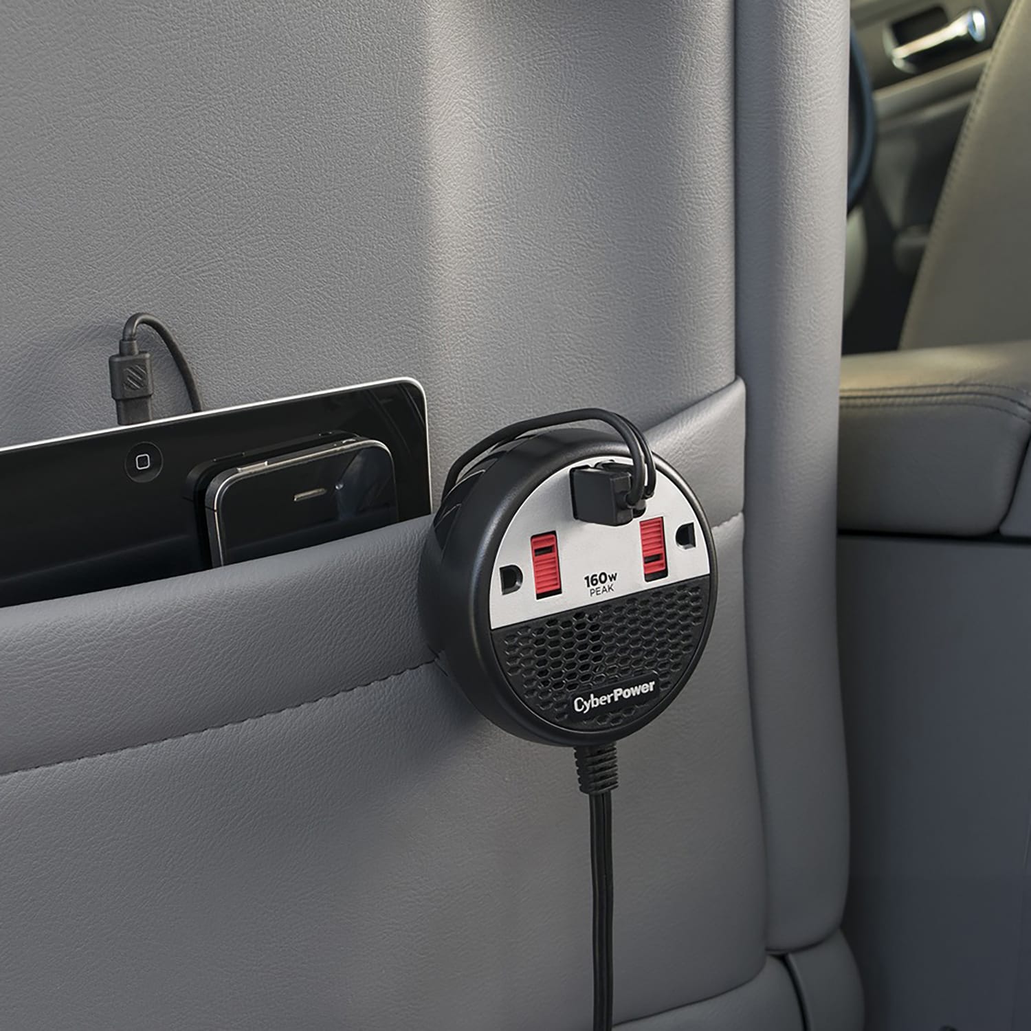 CyberPower 2-AC Outlet and 2-USB Port 100-Continuous-Watt Car Power Inverter with 12-Volt Adapter Cord and Seat Pocket Hook, CPS160PPB2U
