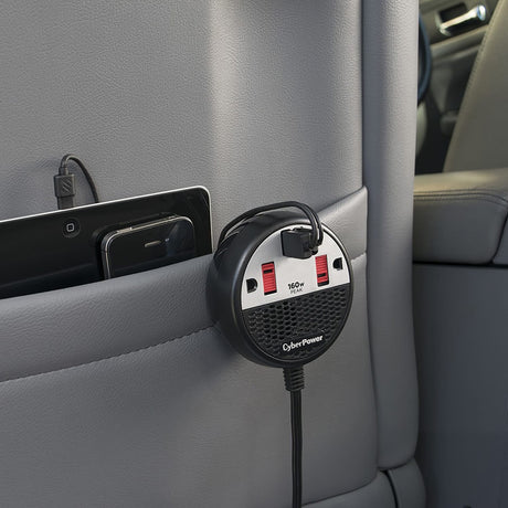 CyberPower 2-AC Outlet and 2-USB Port 100-Continuous-Watt Car Power Inverter with 12-Volt Adapter Cord and Seat Pocket Hook, CPS160PPB2U