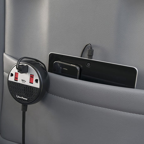 CyberPower 2-AC Outlet and 2-USB Port 100-Continuous-Watt Car Power Inverter with 12-Volt Adapter Cord and Seat Pocket Hook, CPS160PPB2U