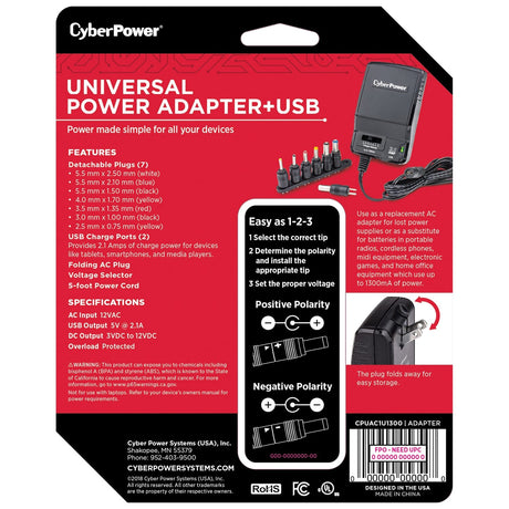 CyberPower 1300mA Universal AC Power Adapter with USB Input