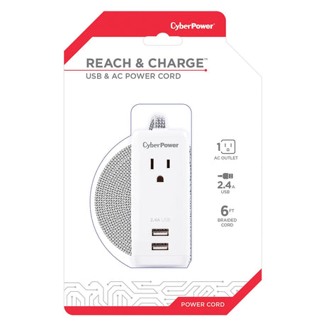 CyberPower Reach and Charge Power Strip, 1 AC Outlet and 2 USB Ports, 6-Ft. Braided Cord, GC106U