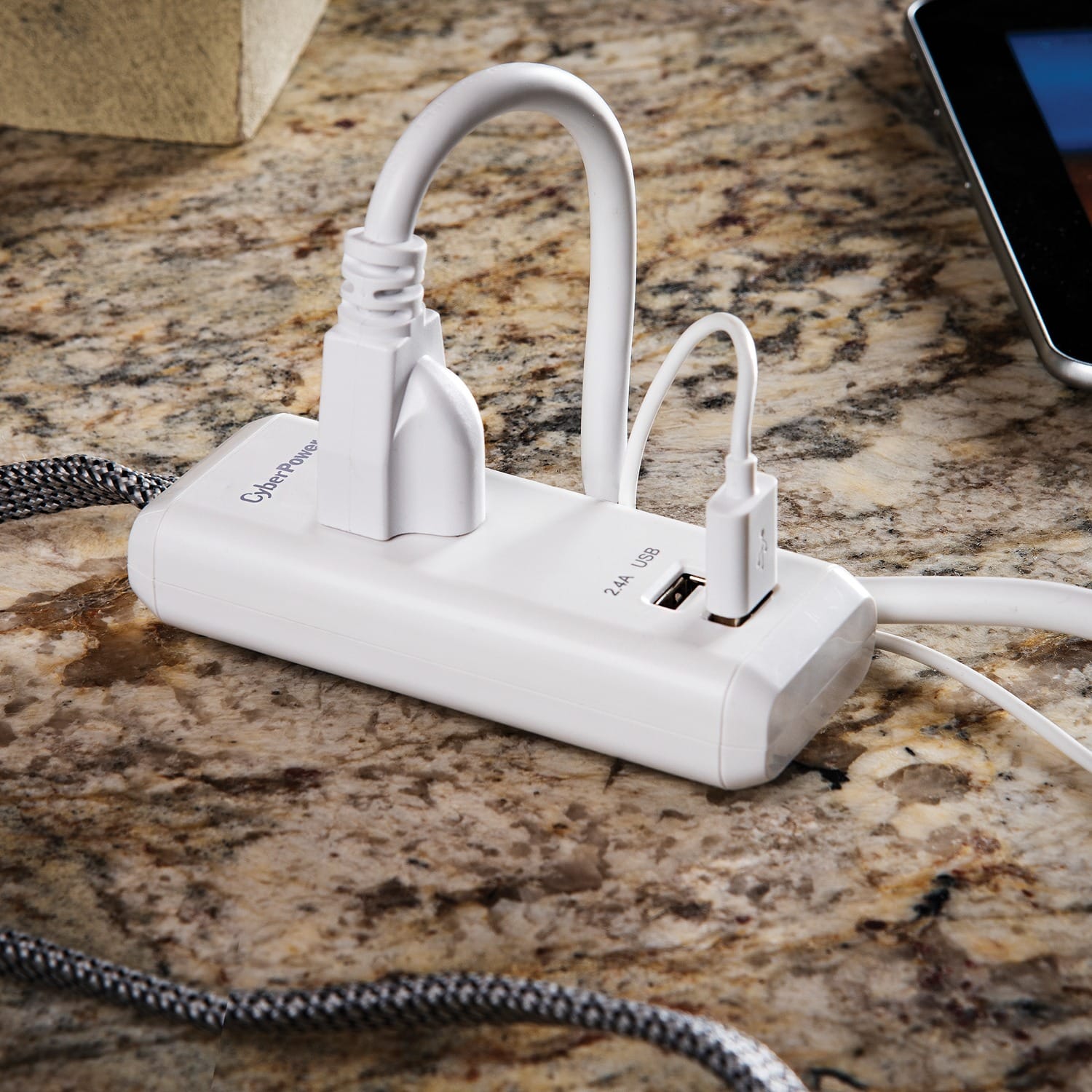 CyberPower Reach and Charge Power Strip, 1 AC Outlet and 2 USB Ports, 6-Ft. Braided Cord, GC106U