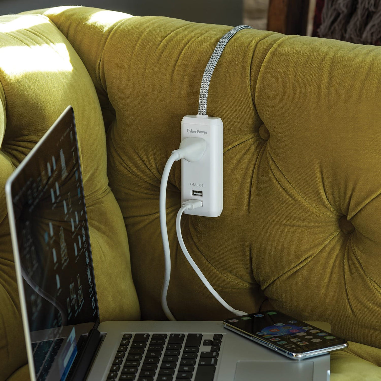 CyberPower Reach and Charge Power Strip, 1 AC Outlet and 2 USB Ports, 6-Ft. Braided Cord, GC106U