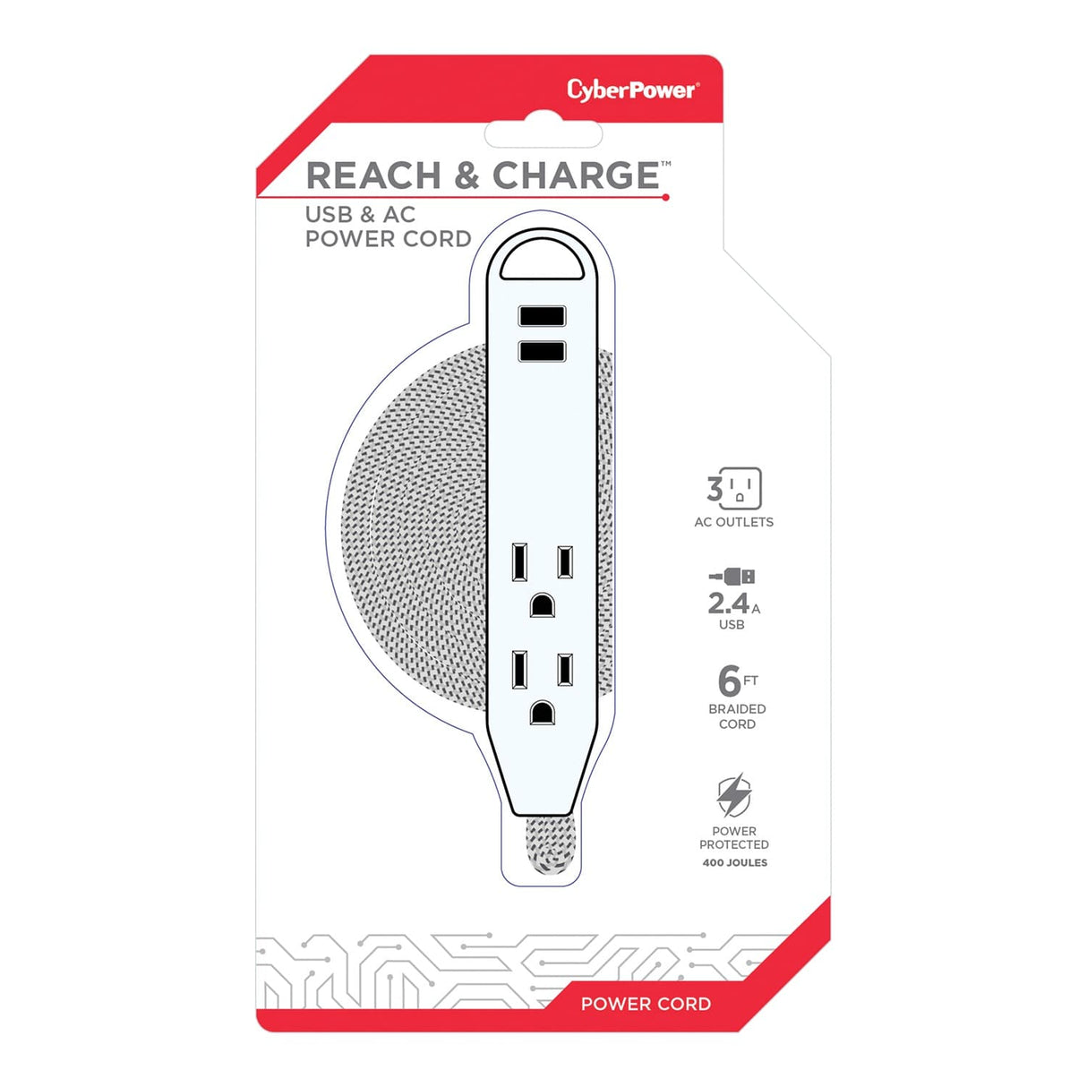 CyberPower Reach and Charge Power Strip, 3 AC Outlets and 2 USB Ports, 6-Ft. Braided Cord, GC306U