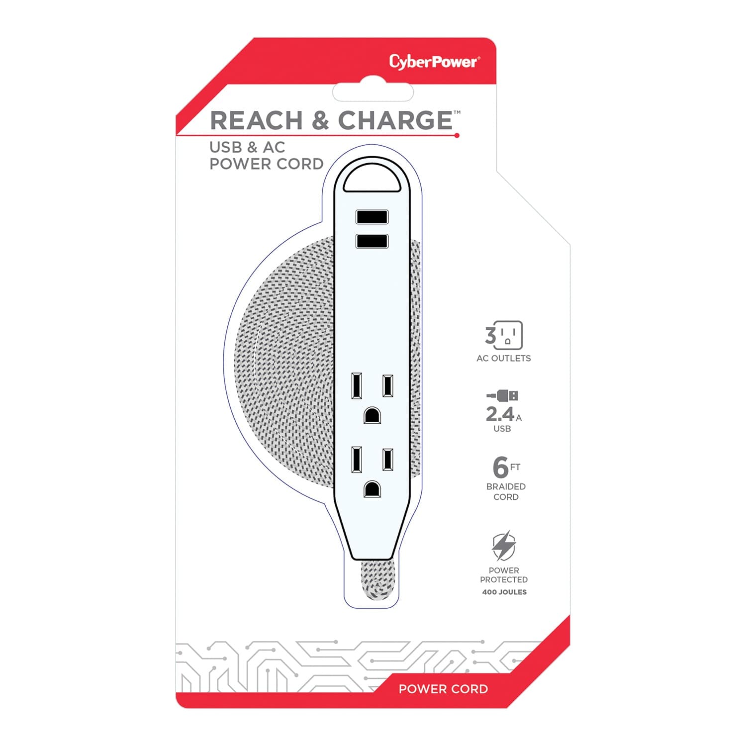 CyberPower Reach and Charge Power Strip, 3 AC Outlets and 2 USB Ports, 6-Ft. Braided Cord, GC306U