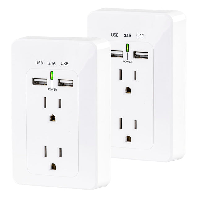 CyberPower 2-AC Outlet and 2-USB Port Grounded Wall Tap, MP18HO007, 2 Pack