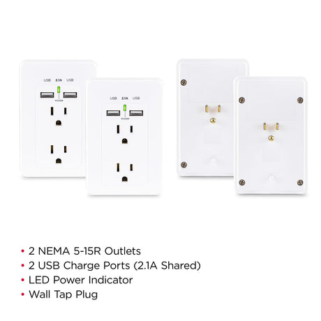 CyberPower 2-AC Outlet and 2-USB Port Grounded Wall Tap, MP18HO007, 2 Pack