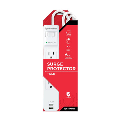 CyberPower 4-AC Outlet and 2-USB Port 500-Joules Home Office Series Surge Protector Power Strip, 3-Ft. Cord with Angled Plug, P403URC1