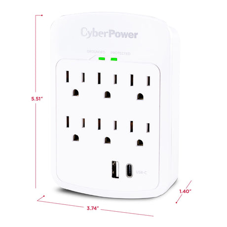 CyberPower 6-AC Outlet and 2-USB Port 1800-Joules Home Office Series Surge Protector Wall Tap, P6WUC15