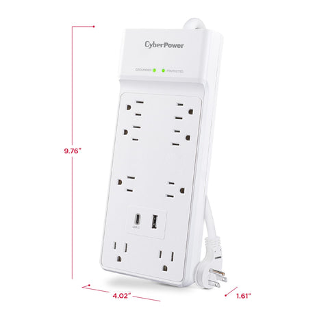 CyberPower 8-Outlet and 2-USB Port 2400-Joules Home and Office Surge Protector Power Strip, 6-Ft. Cord with 45° Offset Flat Plug, P806UC15