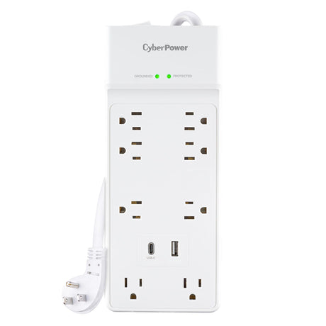 CyberPower 8-Outlet and 2-USB Port 2400-Joules Home and Office Surge Protector Power Strip, 6-Ft. Cord with 45° Offset Flat Plug, P806UC15