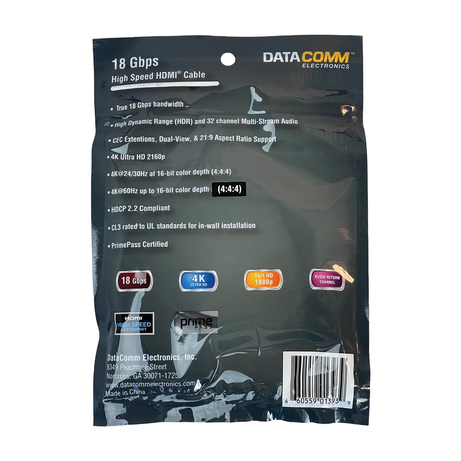 DataComm Electronics PrimePass Certified 18-Gbps High-Speed HDMI Cable with Ethernet, 1.5 Ft.