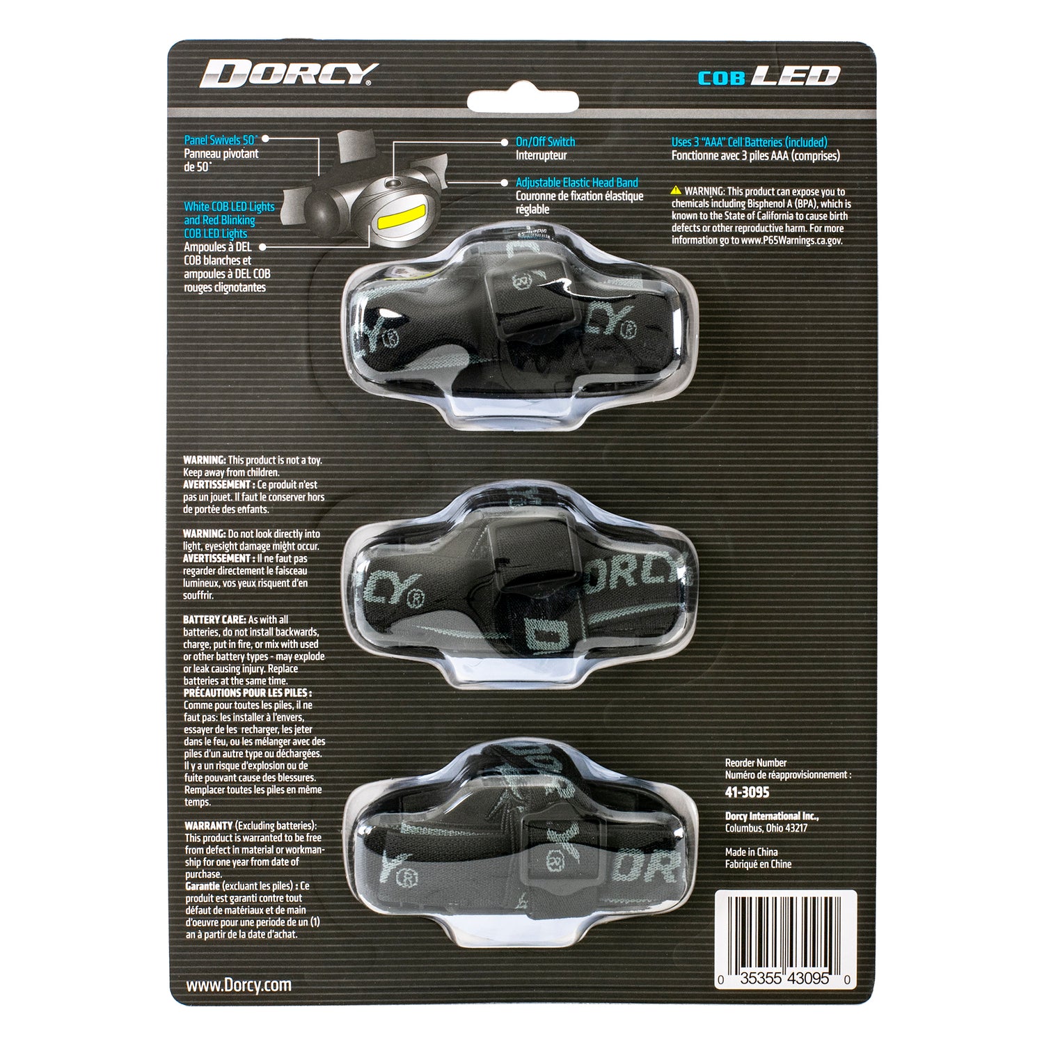 Dorcy Active Series COB LED 150-Lumen Headlamp with 3 Modes, Battery Powered, up to 65-Ft. Beam Distance, up to 2.5 Hours Run Time, 3 Pack
