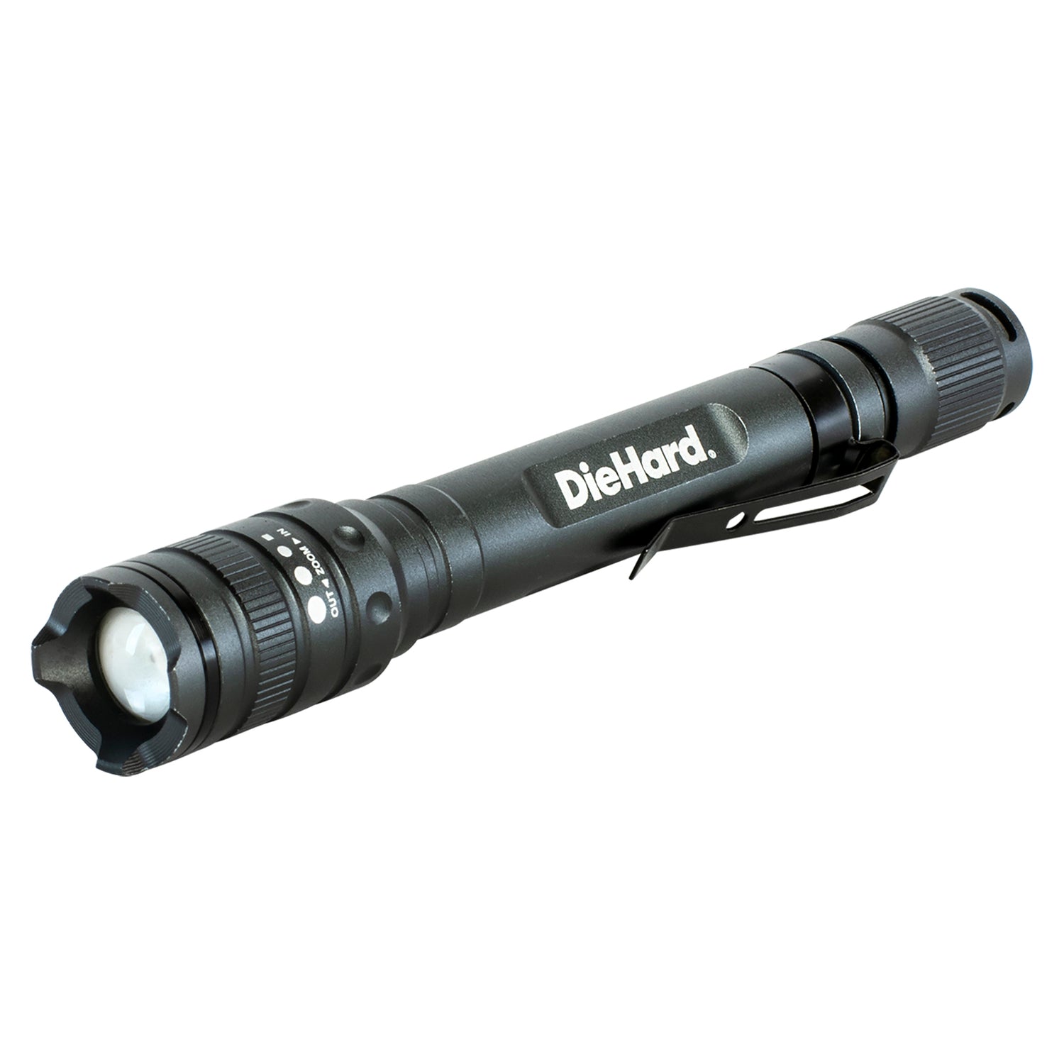 DieHard LED 180-Lumen Aluminum Flashlight with 3 Modes, Twist Focus, Impact/Water-Resistant, Battery Powered, Pocket Clip, up to 229-Ft. Beam