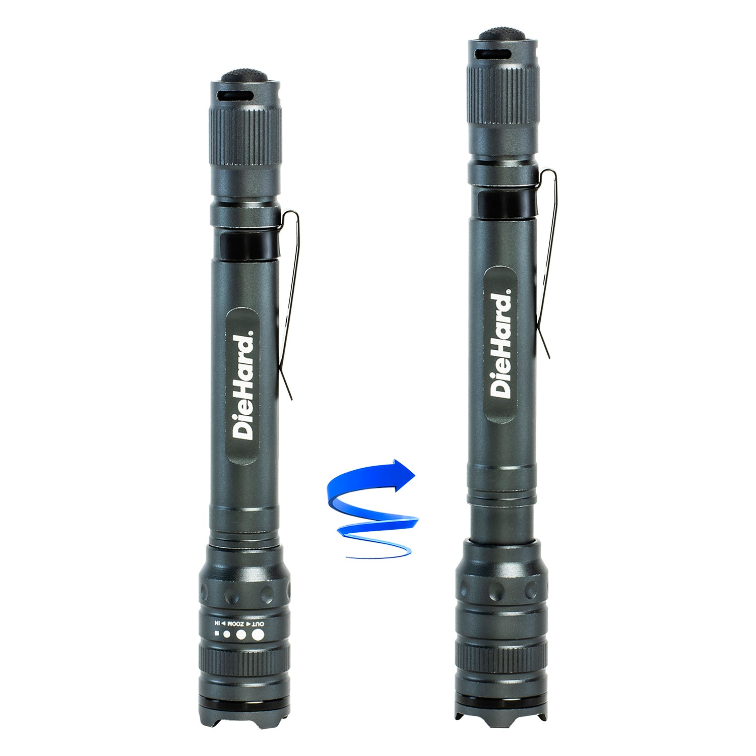 DieHard LED 180-Lumen Aluminum Flashlight with 3 Modes, Twist Focus, Impact/Water-Resistant, Battery Powered, Pocket Clip, up to 229-Ft. Beam