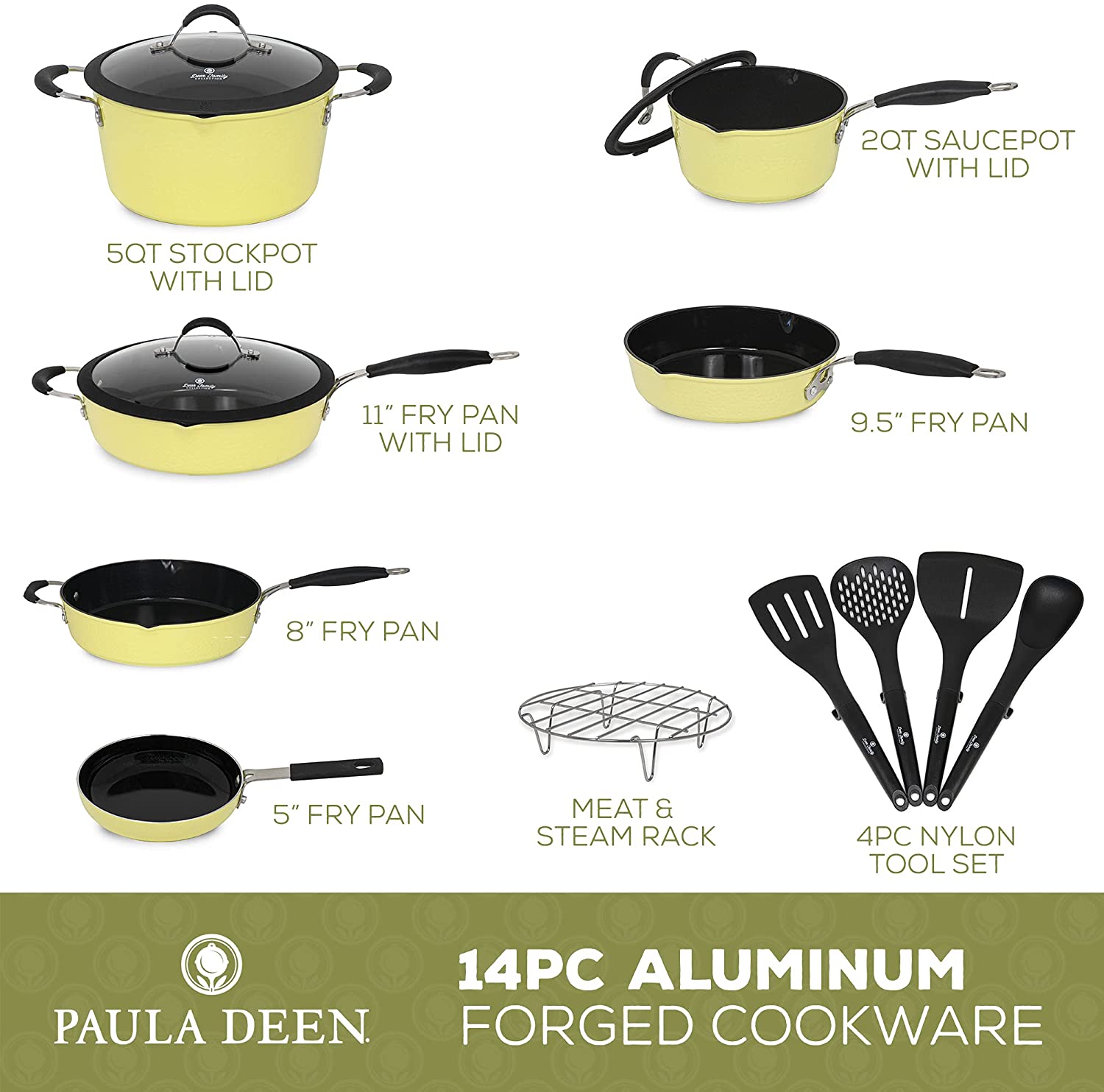 Paula Deen DFCW12B 14-Piece Hammered Aluminum Forged Cookware Set, Butter Yellow