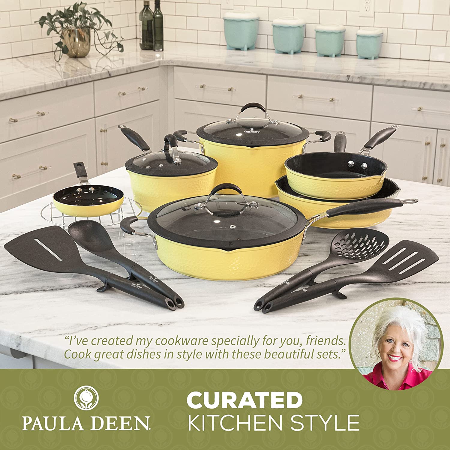 Paula Deen DFCW12B 14-Piece Hammered Aluminum Forged Cookware Set, Butter Yellow