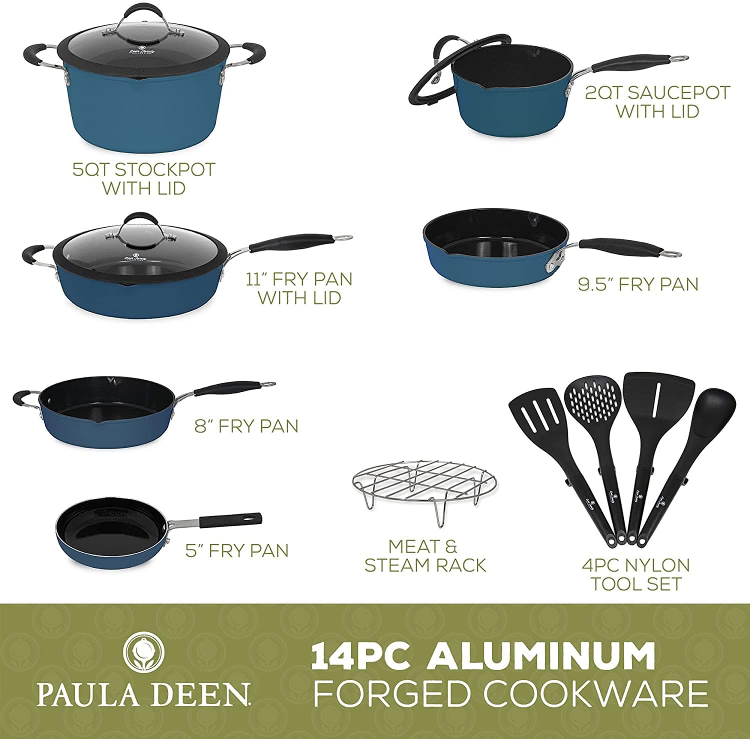 Paula Deen Family 14 Piece Ceramic Non-Stick Cookware Set 100% PFOA-Free and Induction Ready Savannah Blue