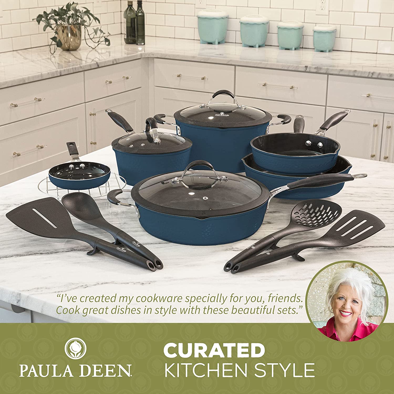 Paula Deen Family 14 Piece Ceramic Non-Stick Cookware Set 100% PFOA-Free and Induction Ready Savannah Blue