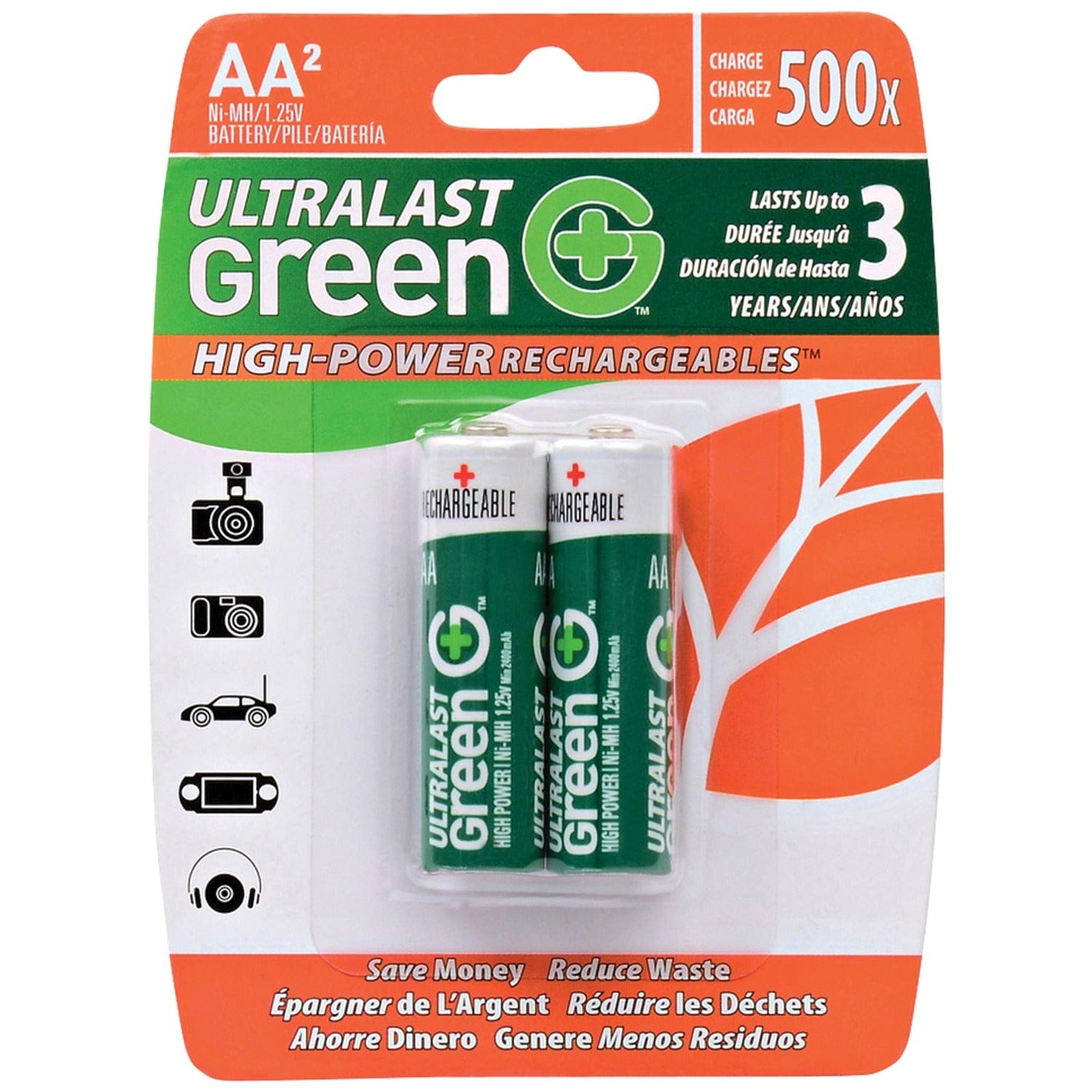 Ultralast Green High-Power Rechargeables AA NiMH Batteries, 2 Pack