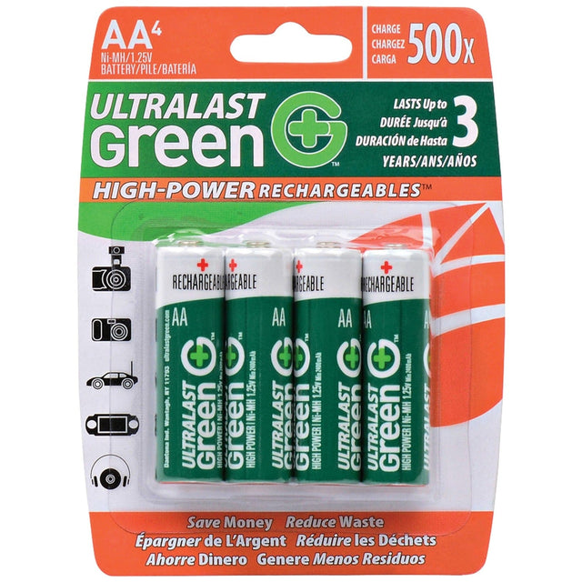 Ultralast Green High-Power Rechargeables AA NiMH Batteries, 4 Pack