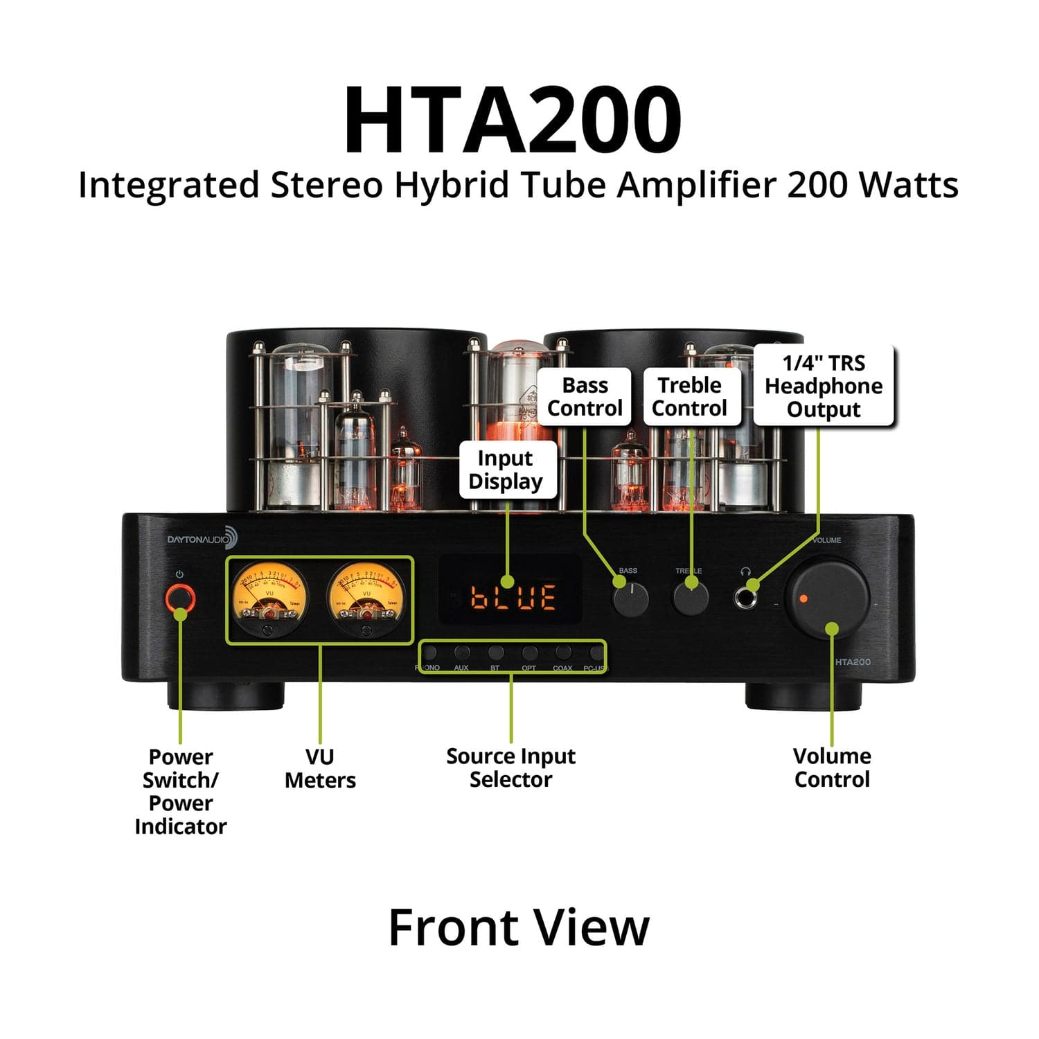 Dayton Audio 200-Watt-RMS 2.0-Channel Integrated Stereo Hybrid Tube Amplifier with Bluetooth, VU Meters, Sub Out, Phone Preamp, and Remote, HTA200