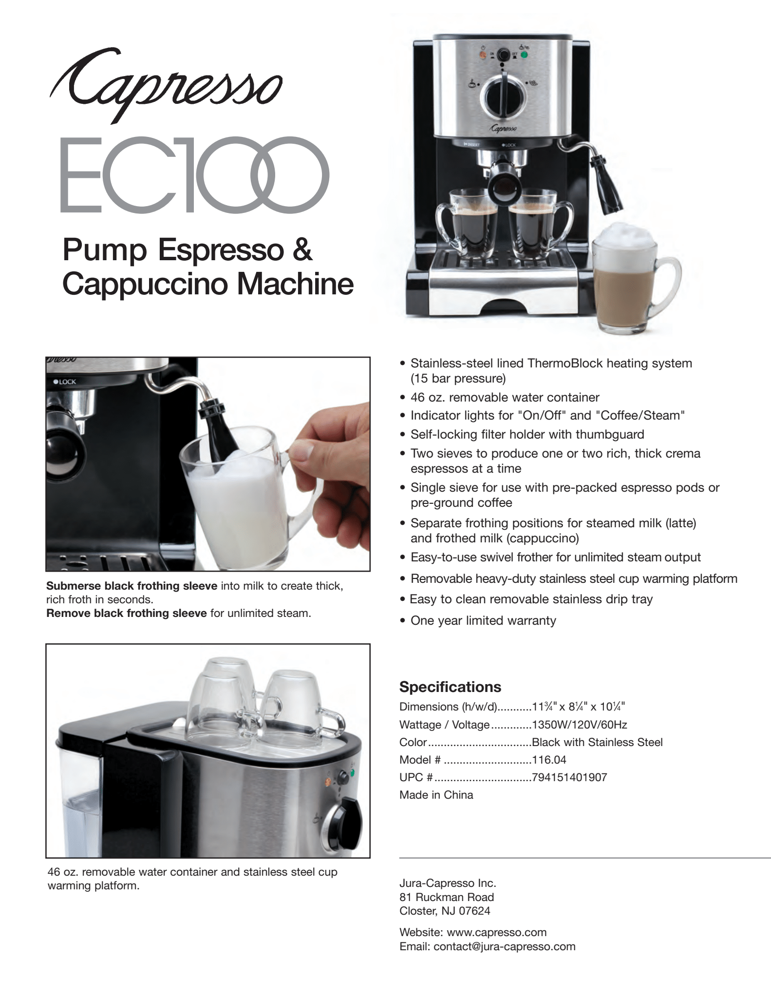 Capresso EC100-RB 116.04 Pump Espresso Cappuccino Machine Black and Stainless-Certified Refurbished