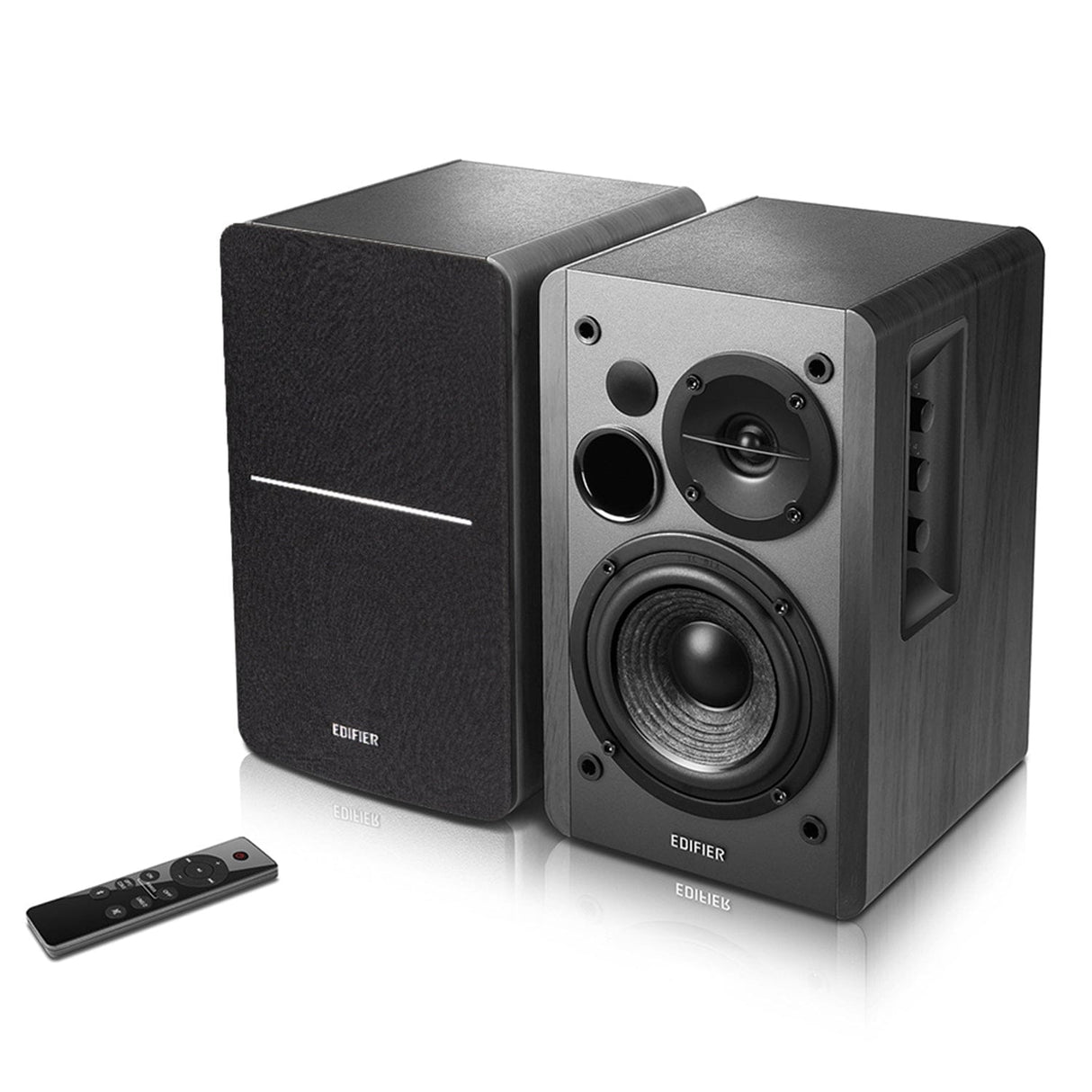 Edifier 42-Watt Continuous-Power Amplified Bluetooth Retro-Style Bookshelf Speaker System with Sub Out and Remote, R1280DBs, 2 Count, Black