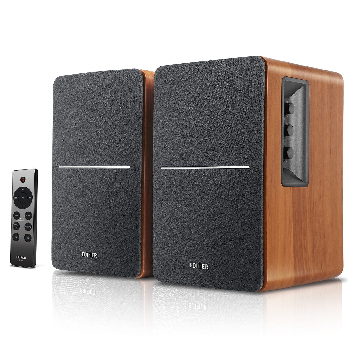Edifier 42-Watt Continuous-Power Amplified Bluetooth Retro-Style Bookshelf Speaker System with Sub Out and Remote, R1280DBs, 2 Count, Brown