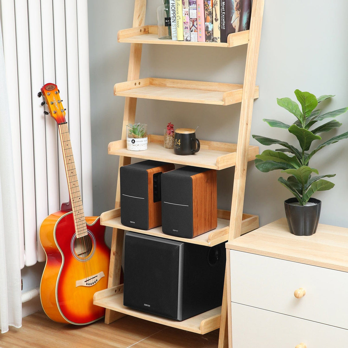 Edifier 42-Watt Continuous-Power Amplified Bluetooth Retro-Style Bookshelf Speaker System with Sub Out and Remote, R1280DBs, 2 Count, Brown