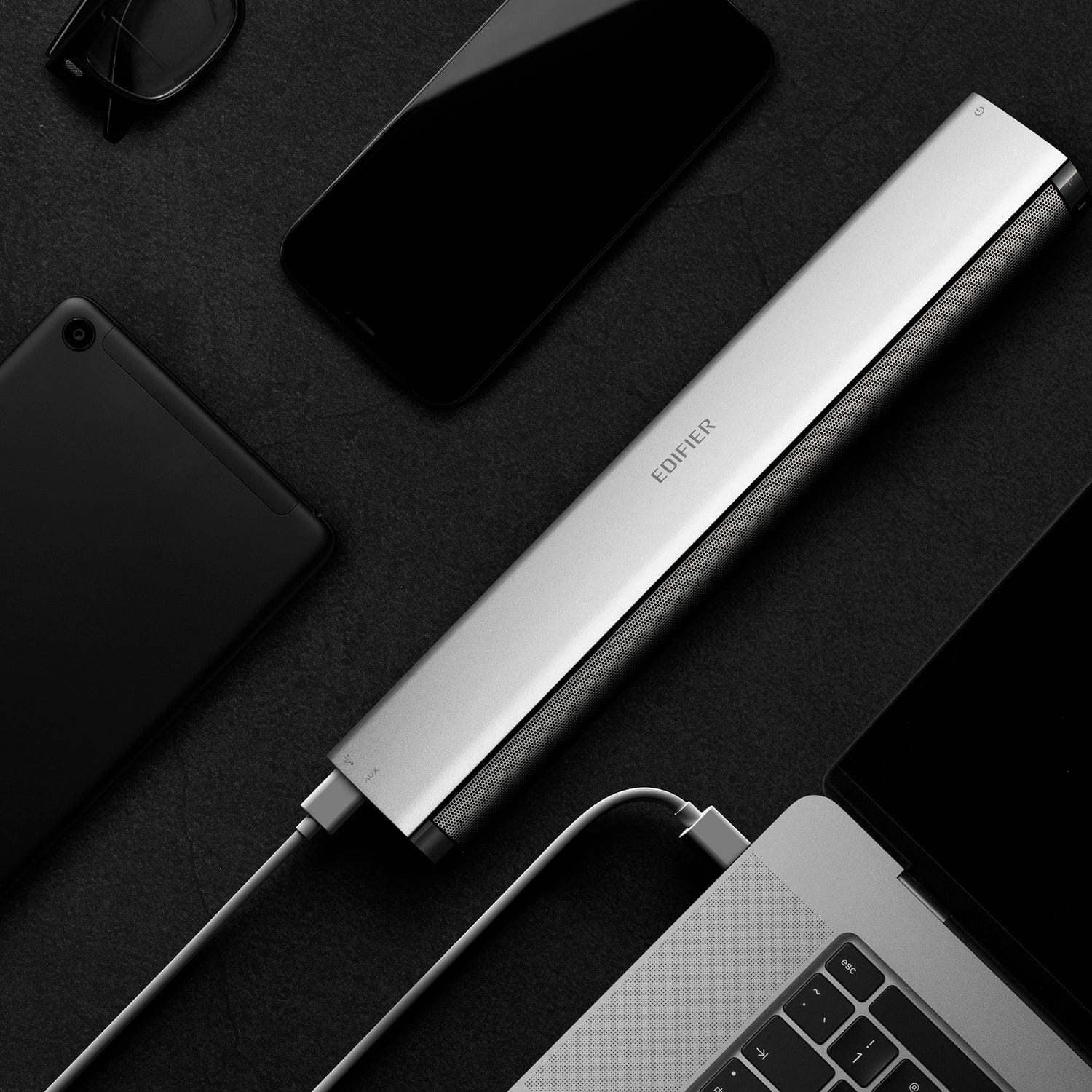 Edifier Rechargeable Bluetooth 2.0-Channel Portable/Tabletop 11.5-In. Sound Bar Speaker with Built-in Sound Card, MF200, Silver