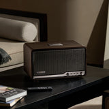 Edifier 80-Watt-RMS Bluetooth Retro S300 Powered Tabletop Speaker with 5.5-In Mid-Bass Driver, Hi-Res Audio, Aux, AirPlay 2, Remote, Black Walnut