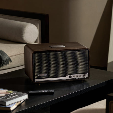 Edifier 80-Watt-RMS Bluetooth Retro S300 Powered Tabletop Speaker with 5.5-In Mid-Bass Driver, Hi-Res Audio, Aux, AirPlay 2, Remote, Black Walnut