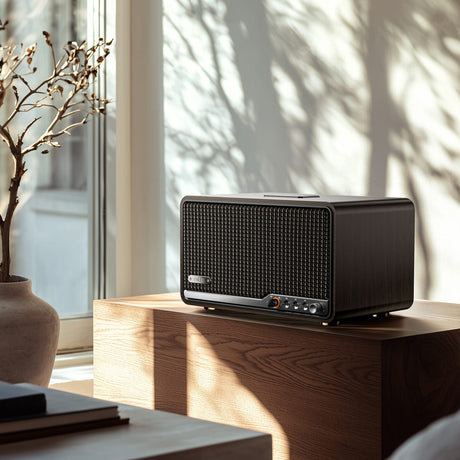 Edifier 80-Watt-RMS Bluetooth Retro S300 Powered Tabletop Speaker with 5.5-In Mid-Bass Driver, Hi-Res Audio, Aux, AirPlay 2, Remote, Black Walnut