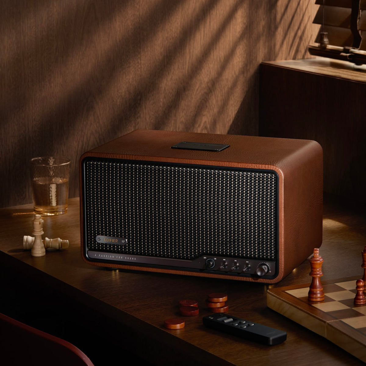 Edifier 80-Watt-RMS Bluetooth Retro S300 Powered Tabletop Speaker with 5.5-In Mid-Bass Driver, Hi-Res Audio, Aux, AirPlay 2, Remote, Brown