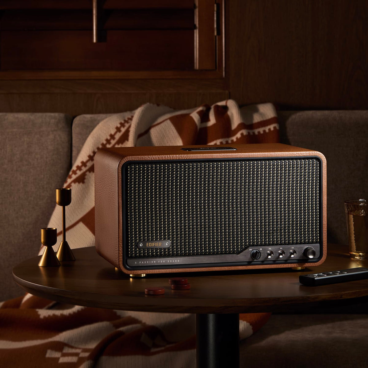 Edifier 80-Watt-RMS Bluetooth Retro S300 Powered Tabletop Speaker with 5.5-In Mid-Bass Driver, Hi-Res Audio, Aux, AirPlay 2, Remote, Brown