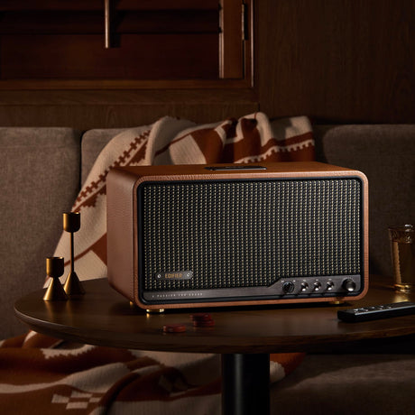 Edifier 80-Watt-RMS Bluetooth Retro S300 Powered Tabletop Speaker with 5.5-In Mid-Bass Driver, Hi-Res Audio, Aux, AirPlay 2, Remote, Brown