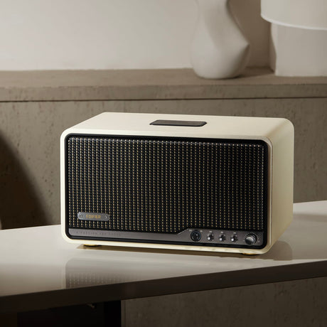 Edifier 80-Watt-RMS Bluetooth Retro S300 Powered Tabletop Speaker with 5.5-In Mid-Bass Driver, Hi-Res Audio, Aux, AirPlay 2, Remote, Ivory