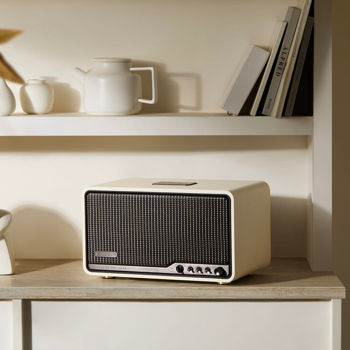 Edifier 80-Watt-RMS Bluetooth Retro S300 Powered Tabletop Speaker with 5.5-In Mid-Bass Driver, Hi-Res Audio, Aux, AirPlay 2, Remote, Ivory